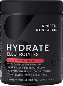 Sportsforskning ® Hydrate Electrolytes Powder - Sugar- Free & naturligt tilsat vitaminer, mineraler og kokosvand - Understøtter hydrering - Cherry Pomegranate - 90 Servering