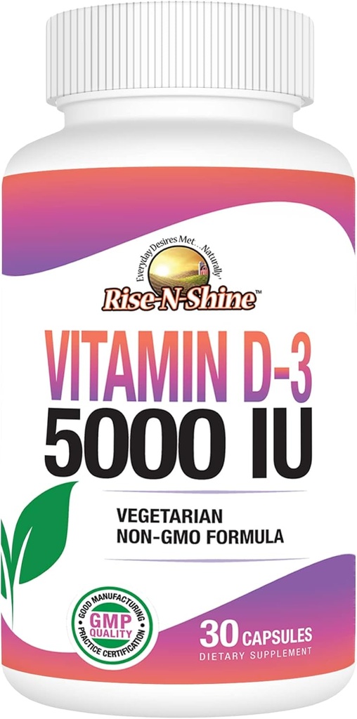 Rise- N- Shine Vitamin D3 5000 IE Kosttilskud til kvinder & mænd - understøtter immunforsvar - 30 dages forsyning - 30 grøntsagskapsler