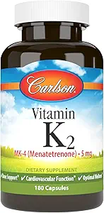 Carlson - Vitamin K2, MK-4 (Menatetrenone), Vitamin K supplement, Bone & Heart Health, K2 Vitamin, Soy- fri, Vitamin K-2, K2 Vitamin, 180 Kapsler