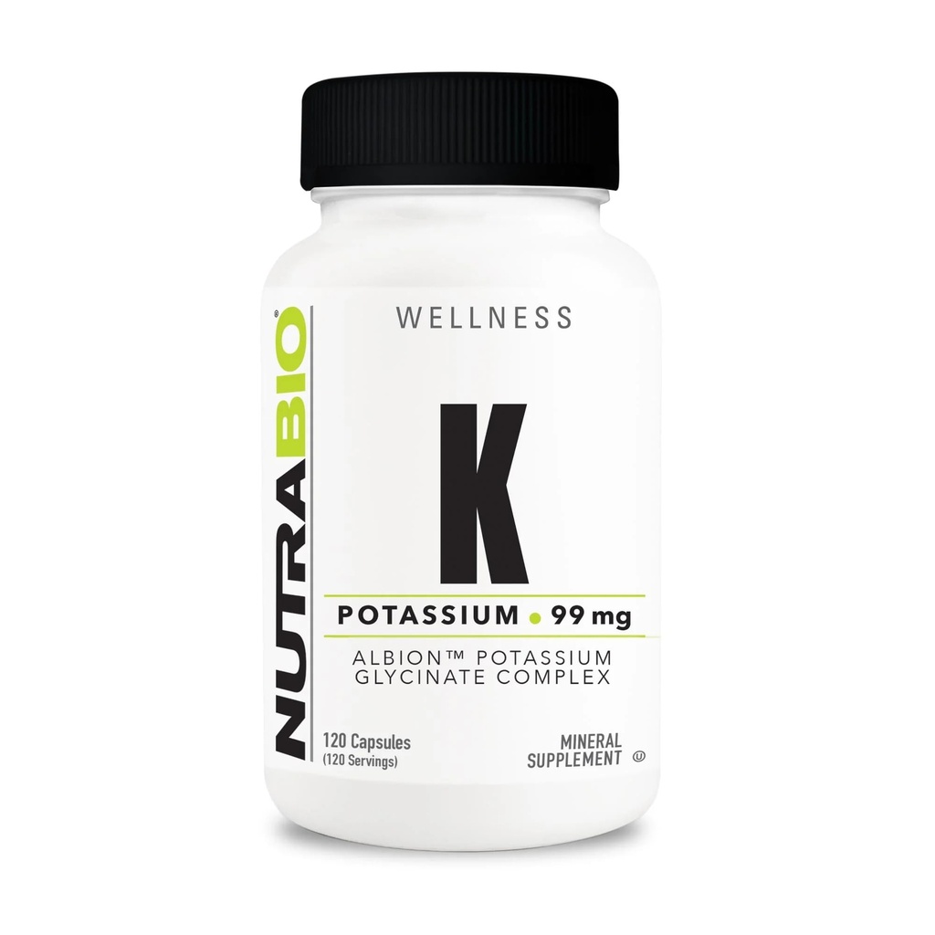 NutraBio Potassium Complex, Potassium Supplement for Healthy Heart, Bones, Muscles & Digestion, 99mg - 120 Vegetable Capsules