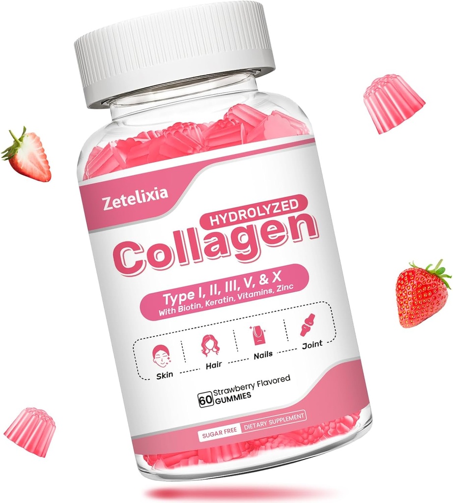 Collagen Gummier for kvinder Mænd, Hydrolyzed Collagen Peptid Type I, II, III, V, X med biotin, Vitamin C A B D E for hud hårnegle J0ints, Immunitet energi fordøjelse, sukker fri, 60 Tæl