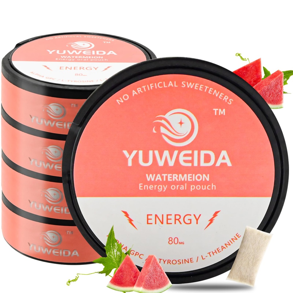Caffeine Energy Pouches with 80mg with15 Nicotine Free Pouches Per Can - 5 Pack Caffeine, Alpha GPC, L-Tyrosine & L-Theanine (Watermelon Flavor)