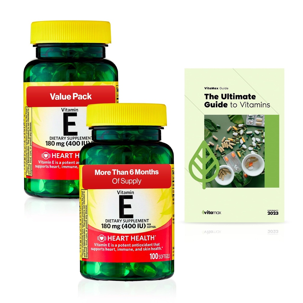 Spring Valley Vitamin E Heart Health Kosttilskud Softgel, 180 mg (400 IE), 200 greve, 2- Pack + Eksklusiv VitaMax Vitamin Guide (3 artikler)