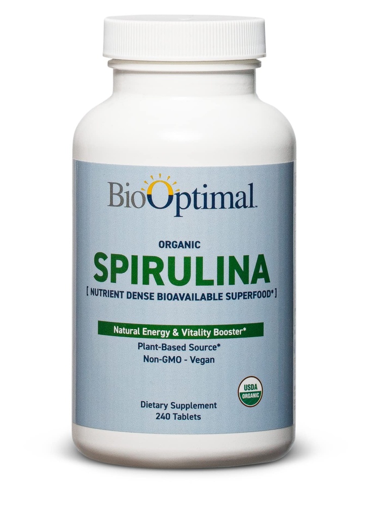 BioOptimal Organic Spirulina Tablets - Organic, Non- GMO, Ingen tilsætningsstoffer eller Fyldere - 500mg Premium Kvalitet Kosttilskud med vitaminer, mineraler, & Antioxidanter (240 tabletter)
