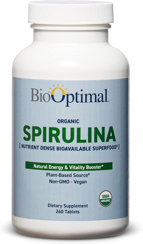BioOptimal Organic Spirulina Tablets - Organic, Non- GMO, Ingen tilsætningsstoffer eller Fyldere - 500mg Premium Kvalitet Kosttilskud med vitaminer, mineraler, & Antioxidanter (240 tabletter)