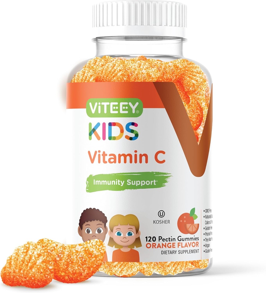 Viteey Kids Vitamin C Gummies - immunforsvar for børn, tandlæger, & Teens - Vegan, Gelatine fri, Gluten fri, GMO fri - Tasty Chewable Orange Flavored Immunity Gummy