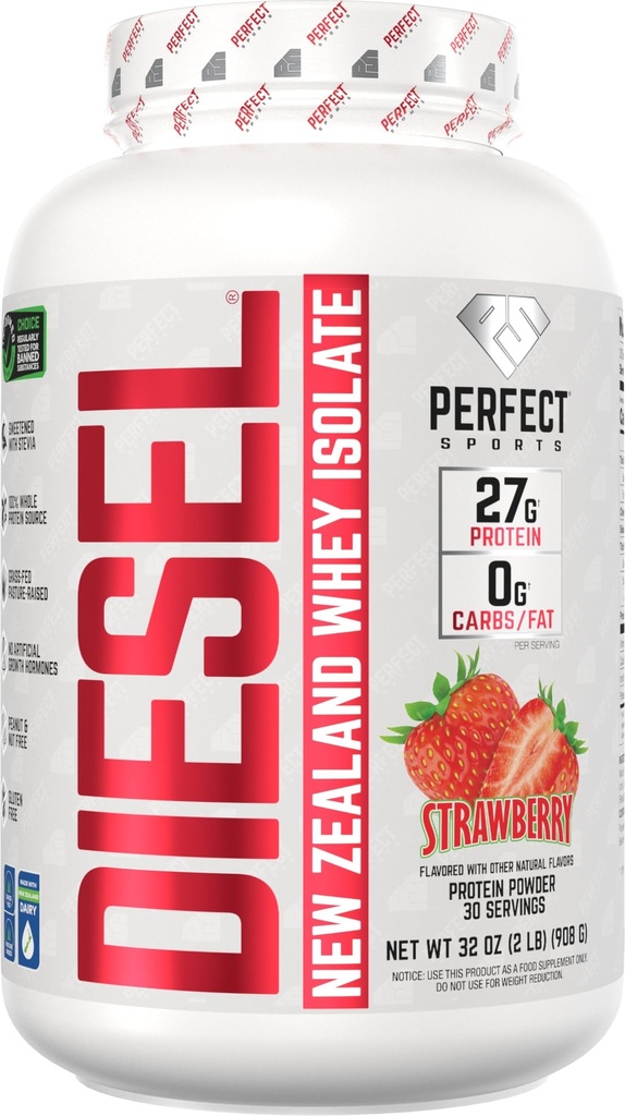 PERFECT SPORTS Diesel 100% New Zealand Wey Protein Isolate | Stevia Sweetened, No Artificial Ingredients, Keto | 0g Carb, 0g Fat, 27g Protein | 2 Pounds (Strawberry)