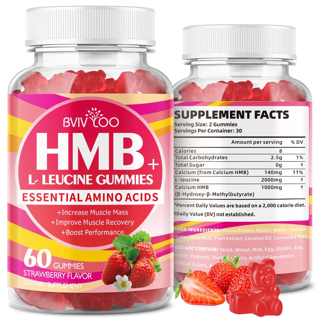 HMB and L-Leucine Gummies - 3000mg Combined HMB & L-Leucine per Serving. for Muscle Growth, Muscle Relief & Fast Recovery. Sugar-Free, Strawberry, 60 Gummies