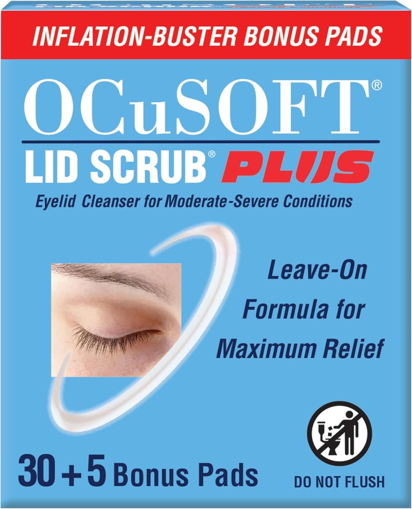 OCUSOFT Lid Scrub PLUS 35 - Præ- fugtig løv- På Eyelid-vipper for moderate til alvorlige forhold - Fugtgivende Eyelid Cleaner for maksimal lindring - 35 Tæl