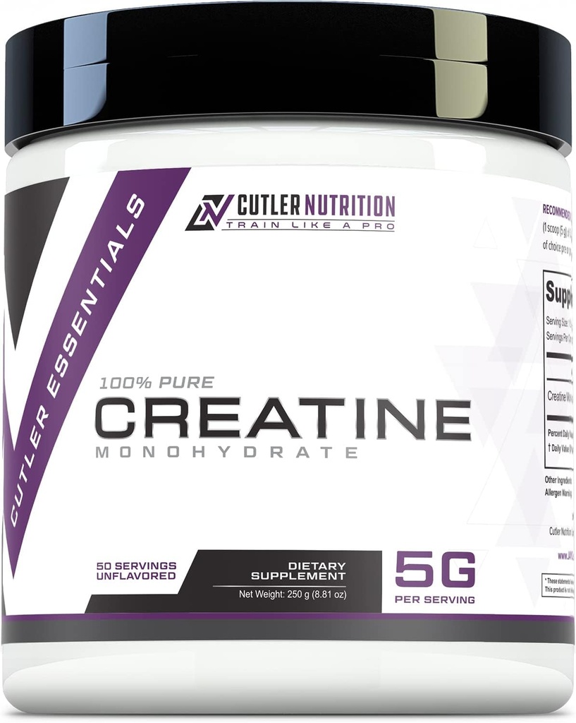 Cutler Nutrition Pure Creatin monohydrat - 5g Per Servering 50 Servering - Premium Muscle Builder Forbedrer styrke ydeevne & Inddrivelse - Unflavored for Easy Mixing
