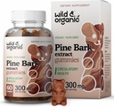 Wild & Organic Pine Bark Extract Gummies 300mg - Antioxidant Support w / Fransk Maritime Pine Bark Tree - Pinus Pinaster Kosttilskud - 60 Antioxidant Gummies - Vegan, Non- GMO