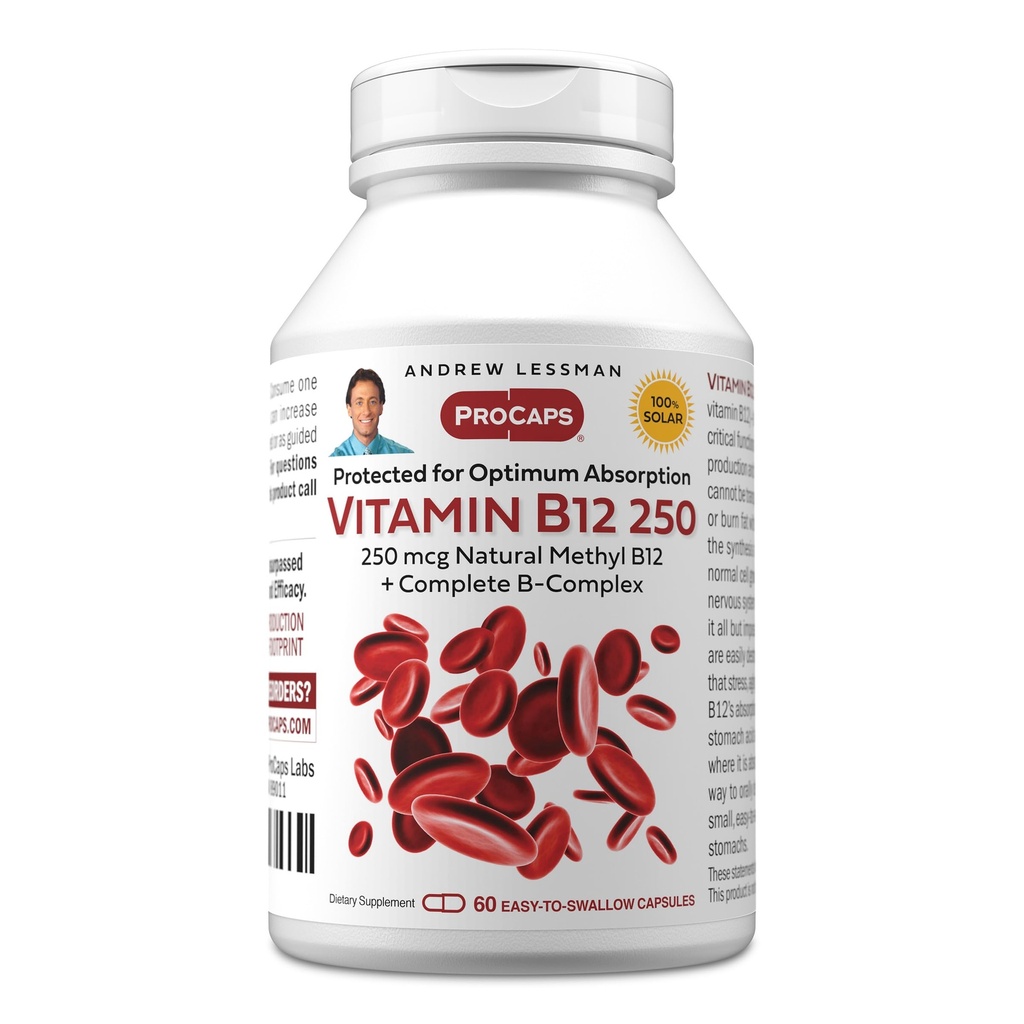ANDREW LESSMAN Vitamin B12 250 60 Capsules - Absorption-Protected Methylcobalamin (Natural Coenzyme Vitamin B12), Essential for Energy and Stress Support, Plus B-Complex, Easy to Swallow Capsules
