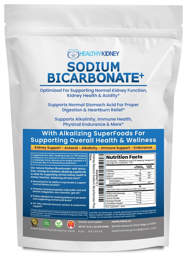 Økologisk anvendelse Natriumbicarbonat Alkaline supplement til alkalinitet. Support Nyrer & Mavesyre Neutralizer w / Alkaline superfood. Natriumbicarbonat pulver Nyre immunforsvar Antacida Sports 1LB