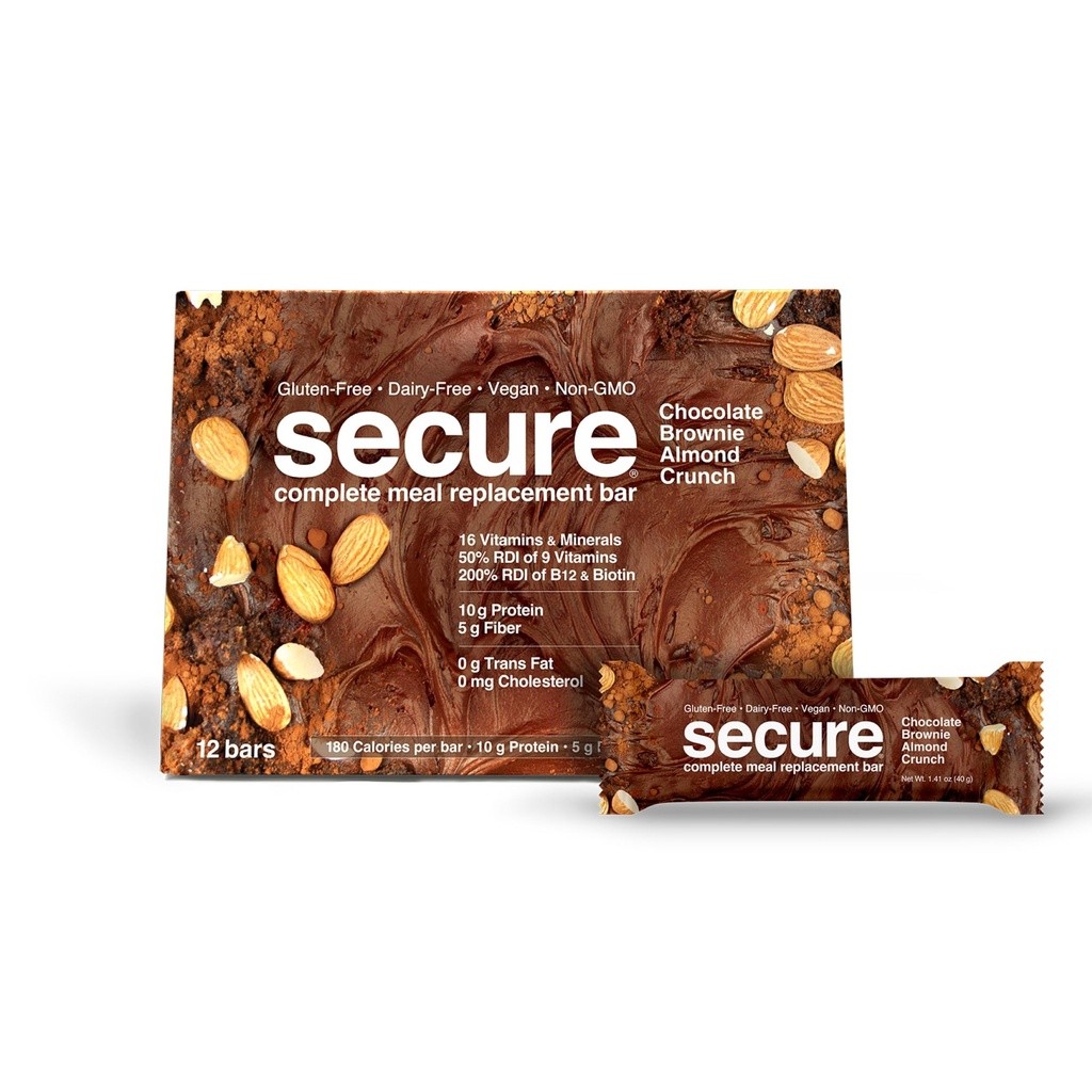ANDREW LESSMAN Secure Bars 40g - Chocolate Brownie Almond Crunch - High Protein & Fiber Snack - 12 Bars - Non-GMO, Gluten-Free, No Artificial Flavors, Vegan, Low Calorie Meal Replacement