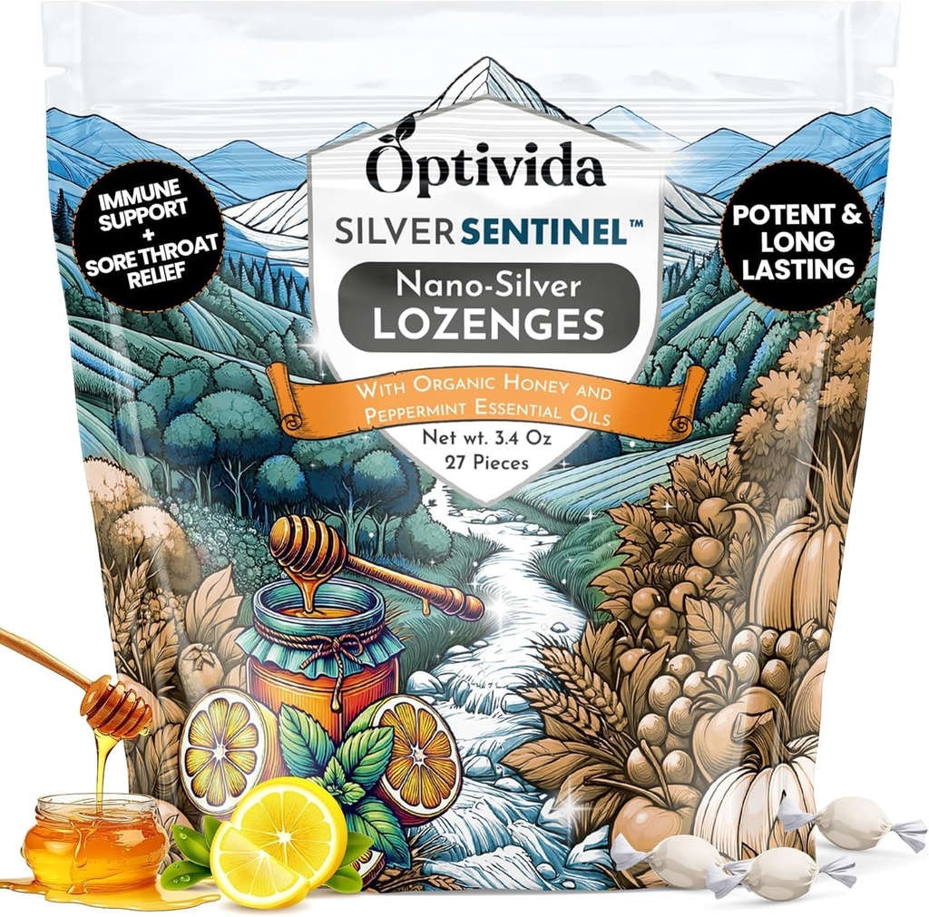 OPTIVIDA Health Colloidal Silver Lozenges med honning & Lemon Oil (1 pakke) - Lindrende Sore Throat Lozenges for voksne med cough relief & fast- Actioning Nano Silver Formel for immunforsvar, 60 Ppm