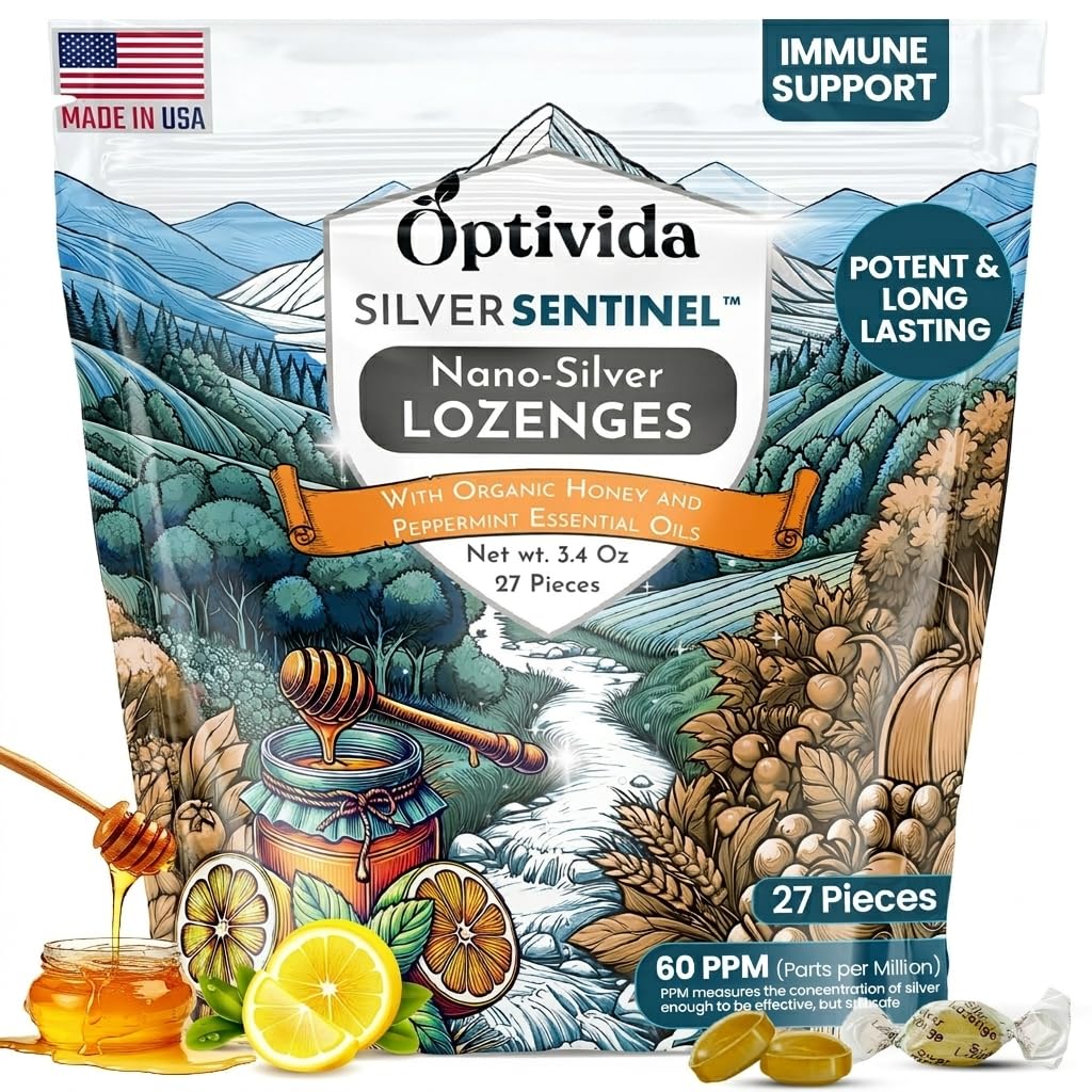 OPTIVIDA Health Colloidal Silver Lozenges med honning & Lemon Oil (1 pakke) - Lindrende Sore Throat Lozenges for voksne med cough relief & fast- Actioning Nano Silver Formel for immunforsvar, 60 Ppm