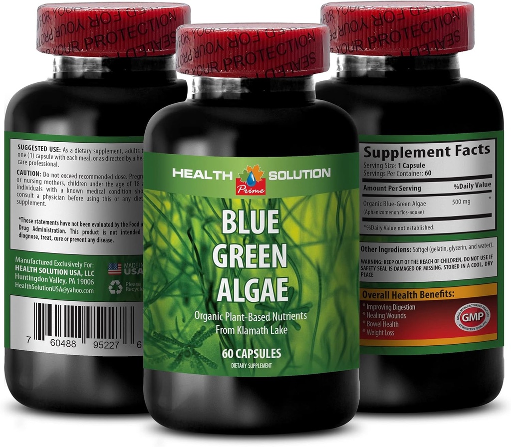 Blue Green Algae Superfood - Blue Green Algae - Blue Green Algae for Immunity - Klamath Shores Blue Green Algae, fordøjelsestillæg, immunsupporttillæg, Blue Green Algae Powder, 1b 60 Caps