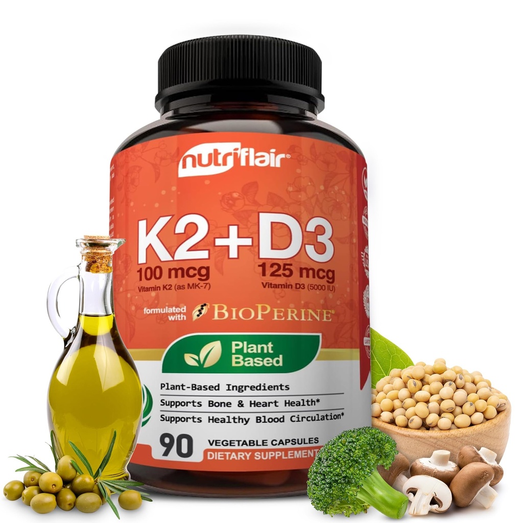 NutriFlair Vitaminer D3 (5000iu / 125mcg) + K2 (som Mk7) - Lavet med Plant- baserede ingredienser Plus BioPerine Black Pepper Extract, 90 kapsler - understøtter sund immun, hjerte og sundhed - non-GMO piller