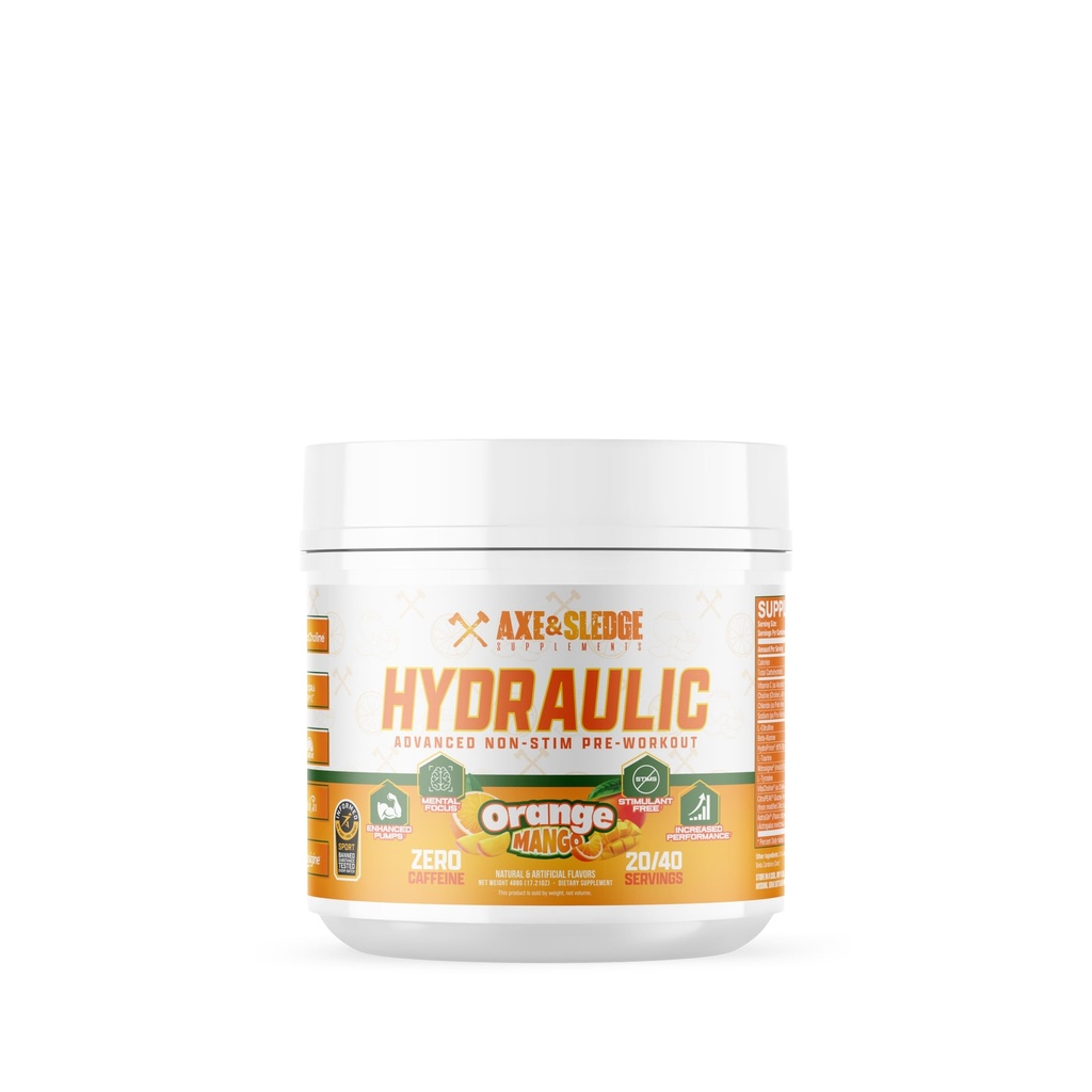 Axe & Sledge Hydraulic Stim-Free Pre-Workout Powder for Men & Women, Pump, Performance, Focus and Endurance, L-Citrulline, Beta Alanine, Caffeine-Free, Orange Mango