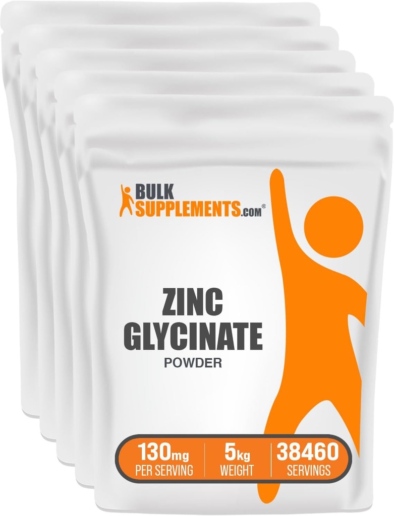 BulkSupplements.com Zink Glycinate Powder - Zink Supplement, Mineral Supplement for immunforsvar - Gluten Free, 130mg per Serving, 5kg (11 lbs) (Pakning med 5)