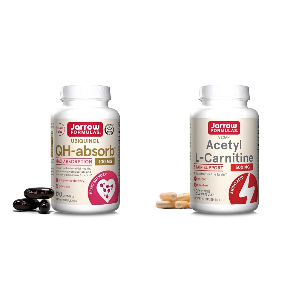 Jarrow Formulas CoQ10 Ubiquinol 100mg Cardiovascular Support & Acetyl L-Carnitine 500mg Brain Antioxidant Veggie Capsules Bundle