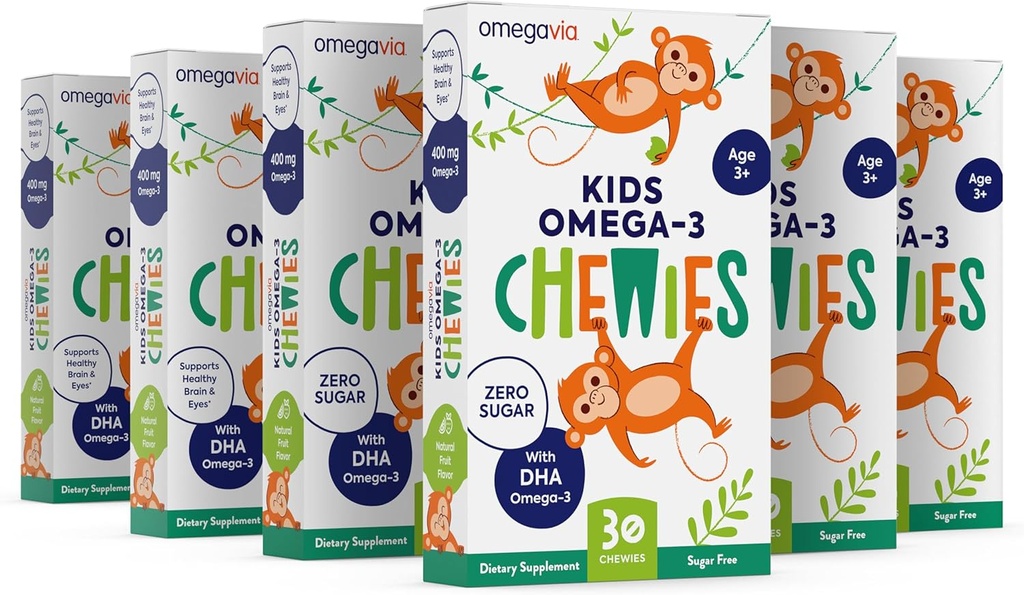 Omega 3 Gummier - Ultra-High DHA Chewable Gel Gummy - for Kids Understøtter Brain & Eye Health - Sugar- Free Natural Fruit Flavor - Kids Omega 3 Fish Oil Gummies (6 Pack)