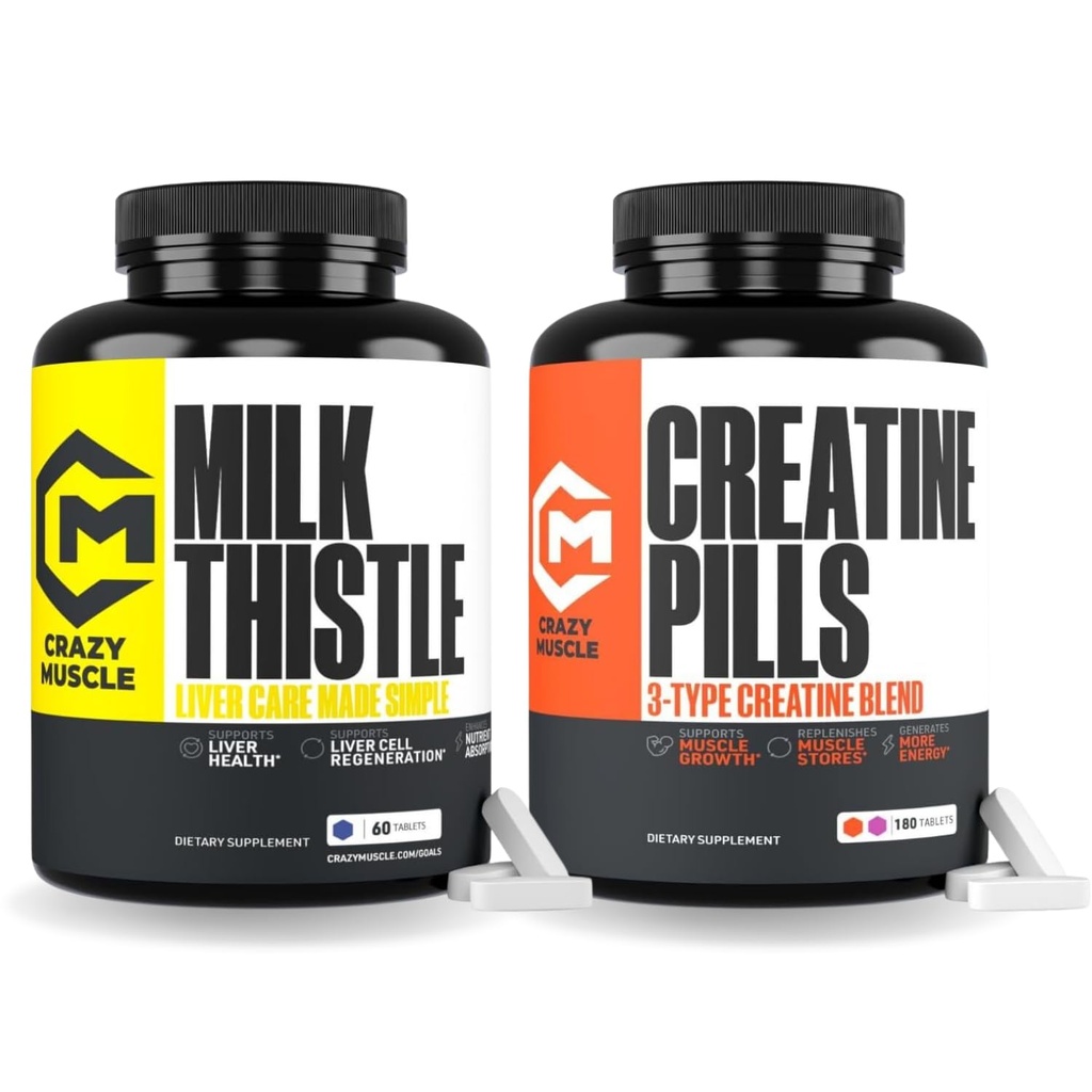 Crazy Muscle Milk Thistle Matrix 60 Servings + Creatine Monohydrate Pills 180 Tablets – Liver Support Detox Formula & 3-Type Creatine for Energy, Strength, Workout Performance Men & Women