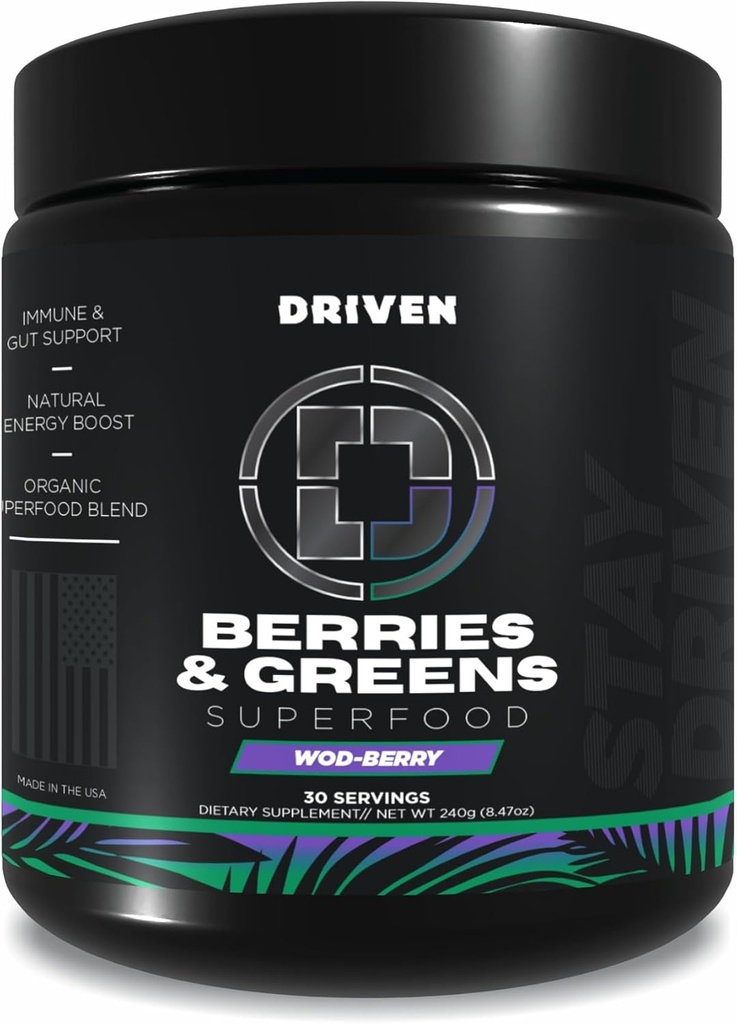 Driven B & G Berries & Greens Superfood Powder, 30 Servering - Organic Plant- baseret formel med Probiotika & fordøjelsesenzymer -Understøtter inddrivelse, sund fordøjelse, og immunfunktion