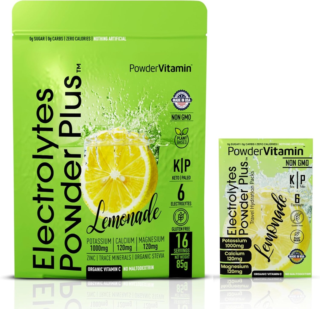 PowderVitamin Electrolytes Powder Plus, Keto, Lemonade, Sugar Free, Pink Himalayan Salt, 1000mg Kalium, 120mg Calcium, 120mg Magnesium, Non- GMO, Zero Calories, (16 Hydrationspakker)