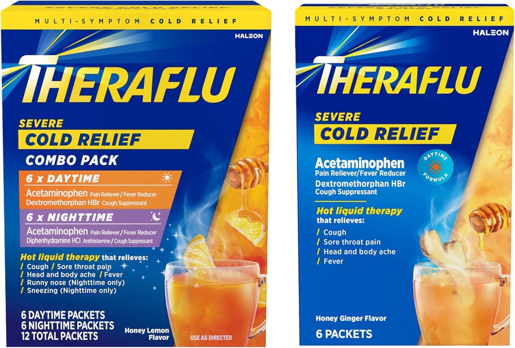 Theraflu Svær Cold Relief Hot Liquid Powder Combo: 12ct Daytime / Nighttime Honey Lemon Flavor + 6ct Daytime Honey Ginger Flavor