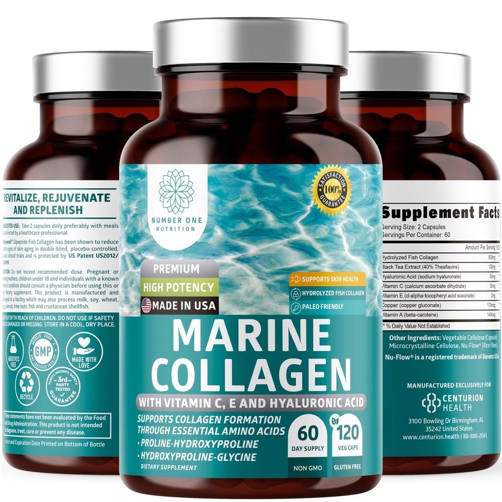 Premium Marine Collagen Dipeptider med Hyaluronsyre, C-vitamin, Theaflavin og kobber, Collagen supplement til kvinder og mænd for strålende hud, hår og negle, gluten fri og ikke-GMO, 120 Veg Caps
