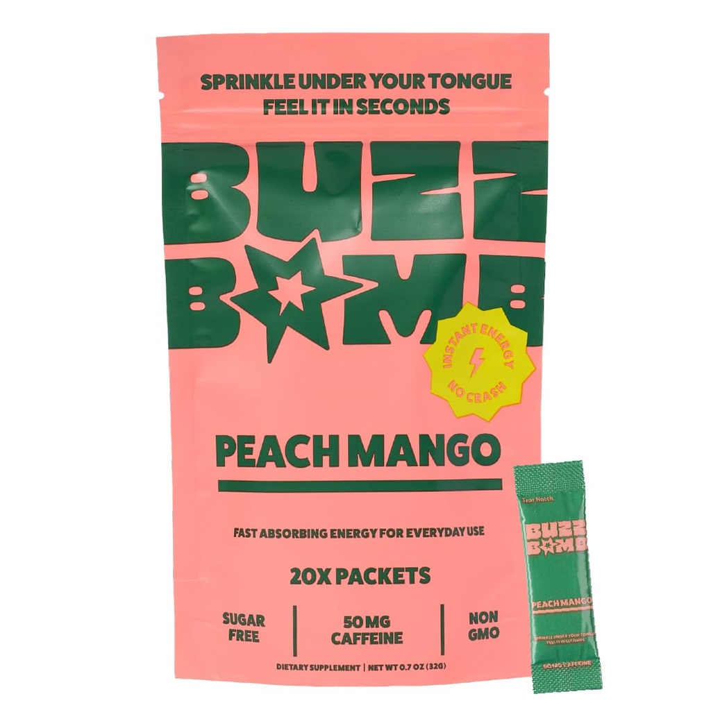 BUZZ BOMB Energy Packets, Under the Tongue Caffeine, 20 Count, Peach Mango | Energy without the Drink, Sugar Free, Clean Caffeine Powder, 50mg Caffeine