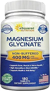 aSquared Nutrition Magnesium Glycinate 400mg - 180 tabletter - Max Strength Magnesium Bisglycinate Supplement - Maximum Biotilgængelighed & Absorption- Non- GMO Ikke Buffere- Understøtter Muscles, Bones & Heart