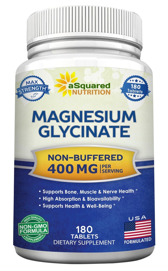 aSquared Nutrition Magnesium Glycinate 400mg - 180 tabletter - Max Strength Magnesium Bisglycinate Supplement - Maximum Biotilgængelighed & Absorption- Non- GMO Ikke Buffere- Understøtter Muscles, Bones & Heart