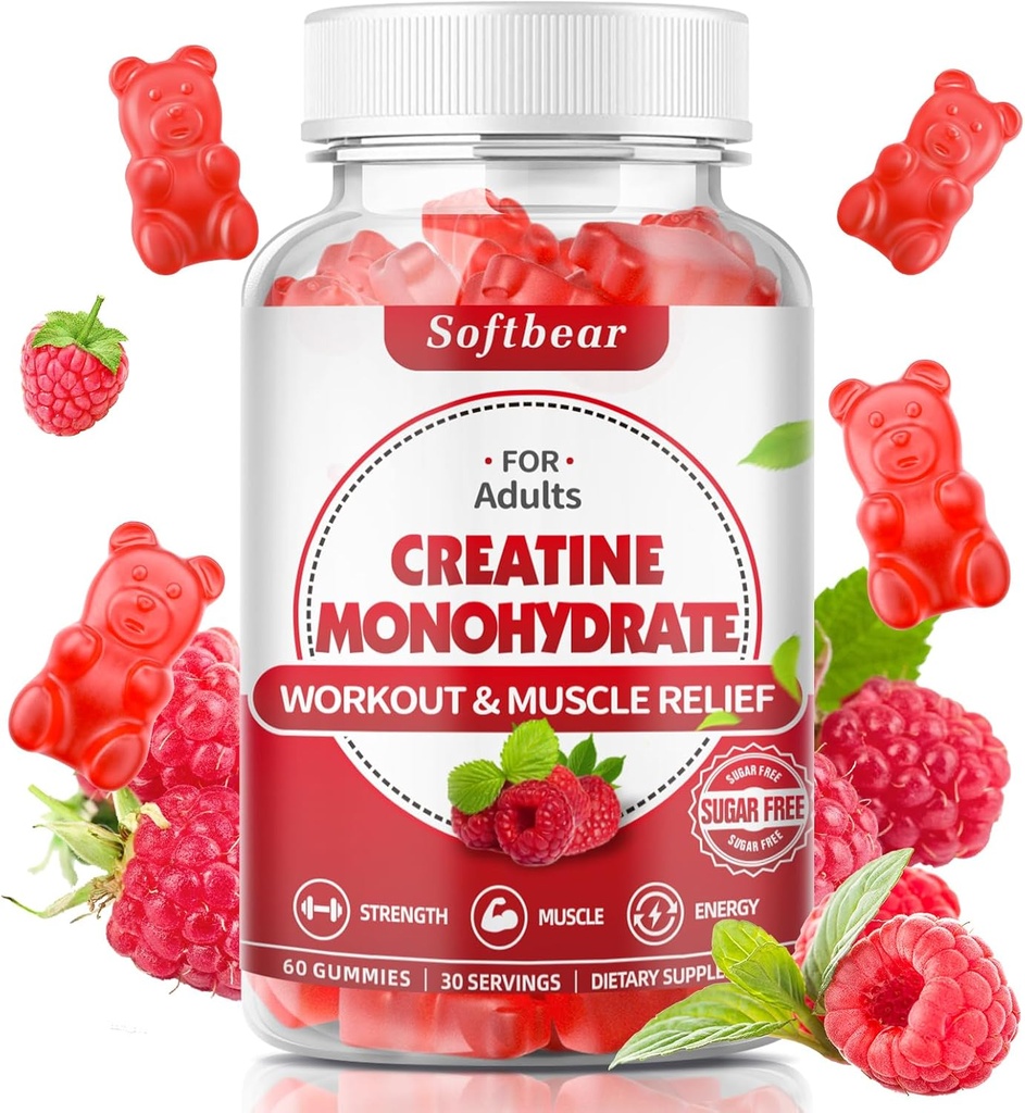 softbear Creatin Monohydrat Gummier for mænd Kvinder, Vegansk Creatin Supplement 5000mg Creatin HCL Pre Workout Gummies for Muscle Builder Styrke Raspberry Flavor 60 Greve