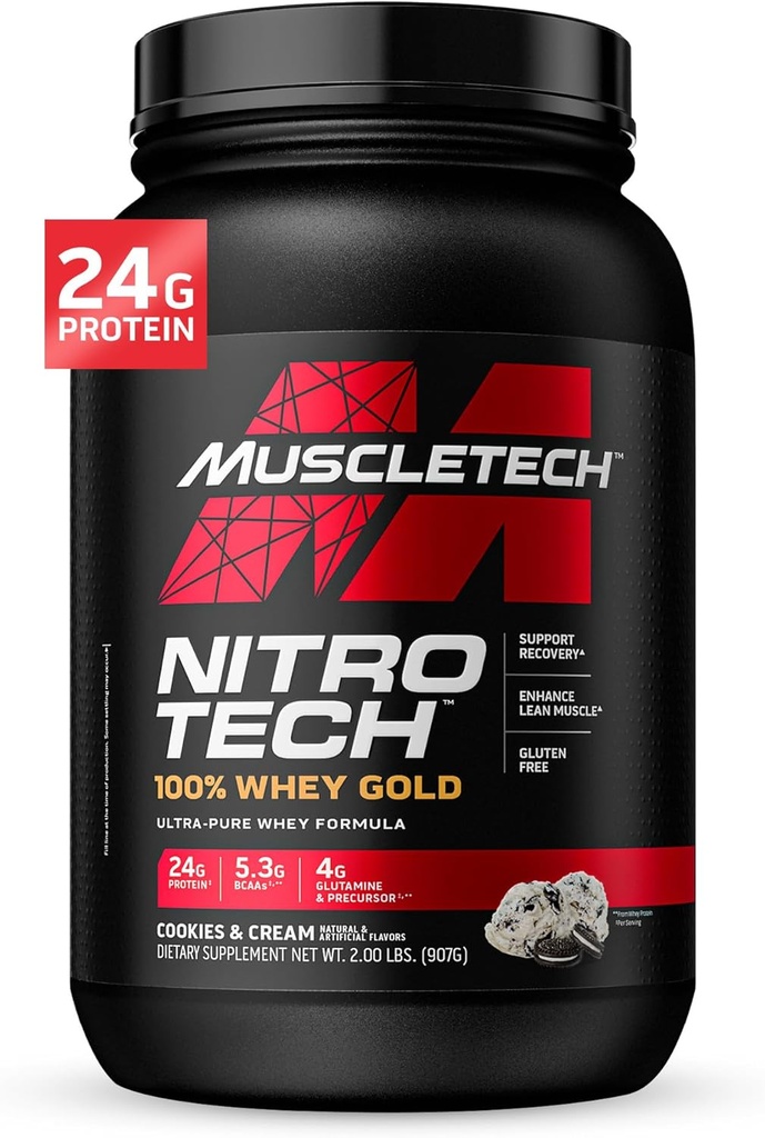MuscleTech Whey Protein Powder , Nitro-Tech Whey Gold Protein Powder , Whey Protein Isolate Smoothie Mix , Protein Powder for Women & Men , Cookies and Cream, 2 lb (28 Servings) - package may vary