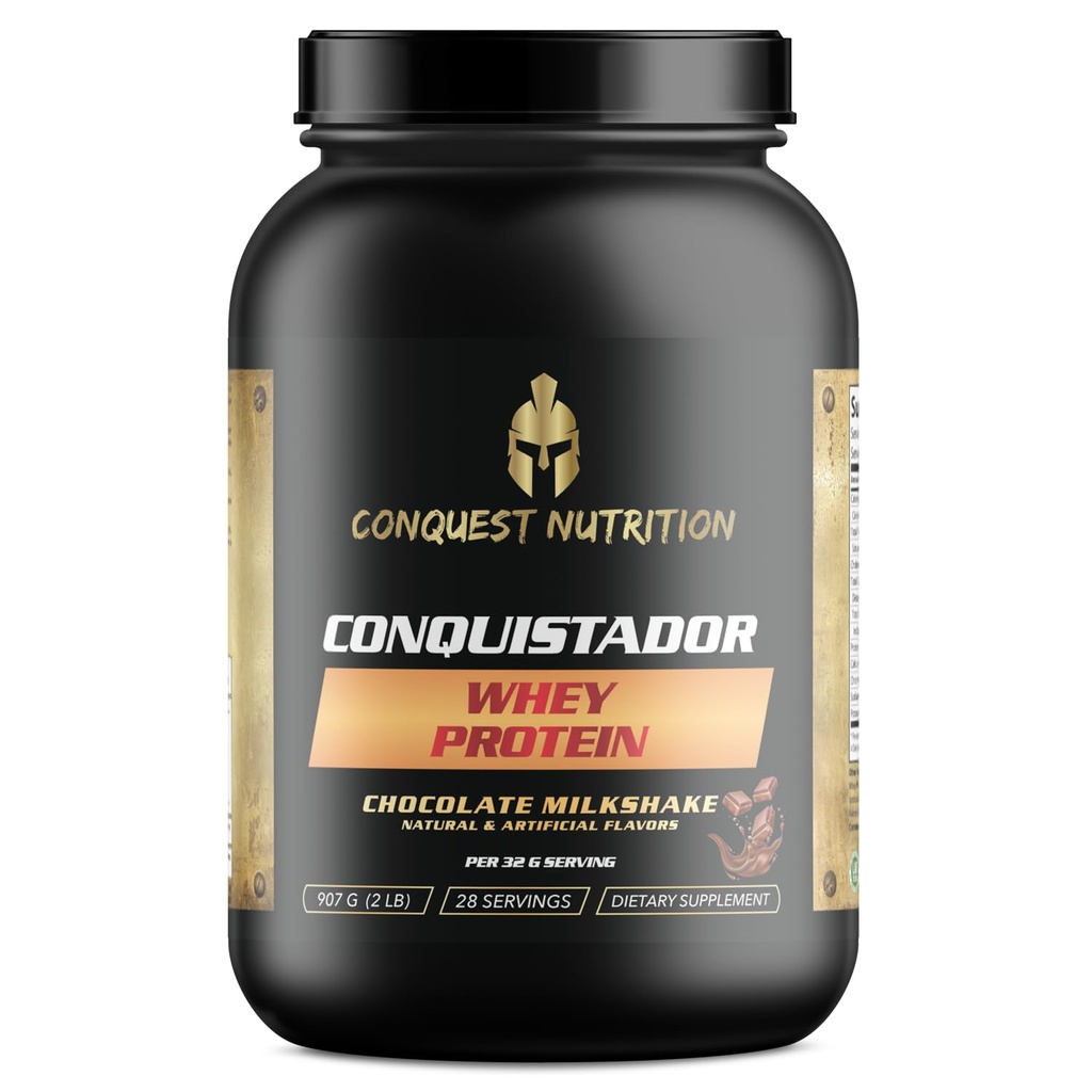 Conquistador Premium Whey Protein Powder – Chocolate Milkshake Flavor, 25 gm, Digestive Enzyme Blend, 5.1g BCAA’s, 0g Added Sugar, Supports Muscle Recovery - 28 Servings