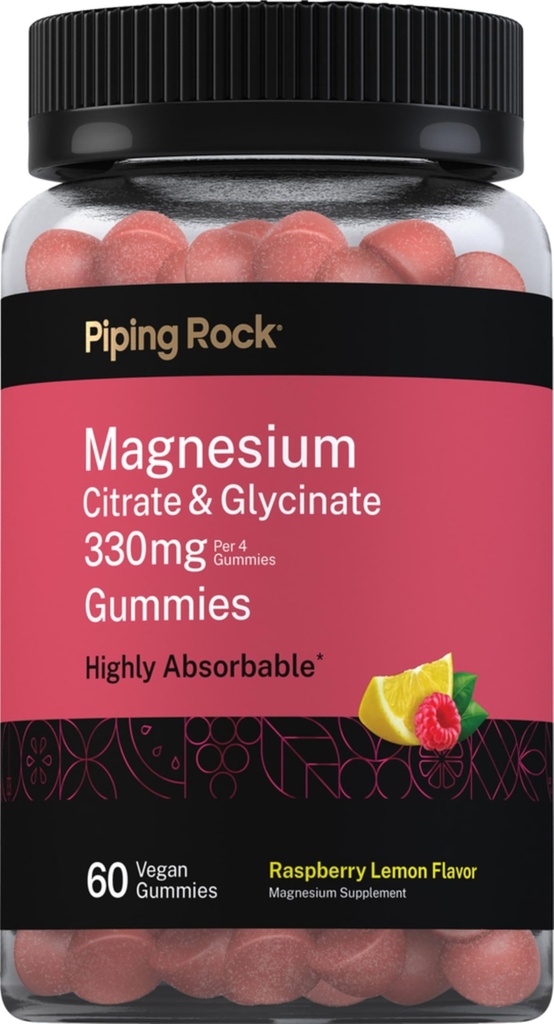 Piping Rock Magnesium Citrate & Glycinate | 60 Gummies | Raspberry Lemon Flavor | 330mg | Highly Absorbable | Vegan, Non-GMO, Gluten Free