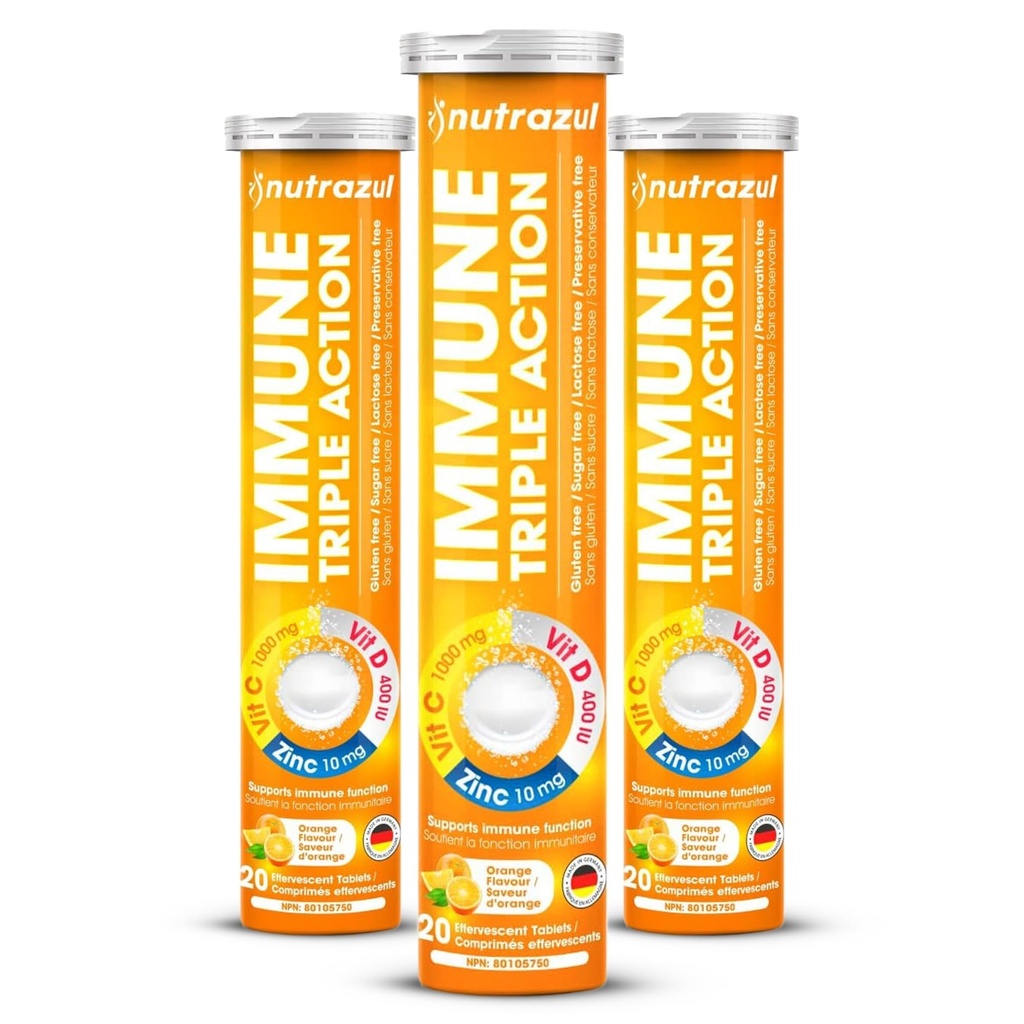 Nutrazul Immuntriple Action Effervescent Tablet-1000 mg C-vitamin, D-vitamin, Zink I Orange 20 's (Pack of 3) I Gluten Free, Sugar Free, Lactose Free & Konserveringsfri I Beholder immunfunktion