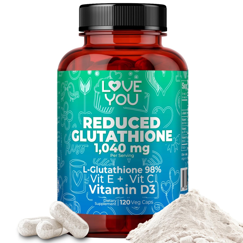 Love You Reduced Glutathione 98% Purity 1040 mg + Vitamin C, E & D3 - Intracellular Antioxidant - Supports Detoxification & Immune Function - 120 Veggie Caps, 30 Servings
