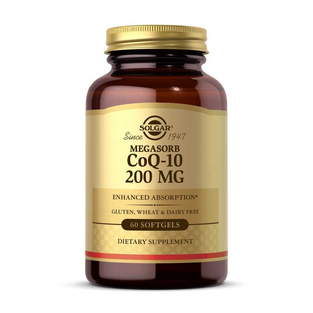 Solgar Megasorb CoQ- 10 200 mg, 60 Softgel - Understøtter hjerte & hjerne funktion - Coenzym Q10 Supplement - Forbedret absorption - Gluten Free, Dairy Free - 60 Serveringer