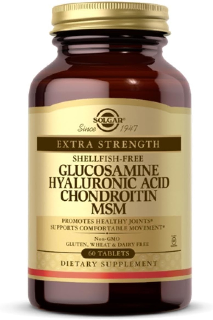 Solgar Glucosamin Hyaluronic Acid Chondroitin MSM (Shellfish-Free), 60 tabletter - Fælles Support & Comfort - Understøtter aktive livsstil - Non- GMO, Gluten Free, Dairy Free - 20 Servere