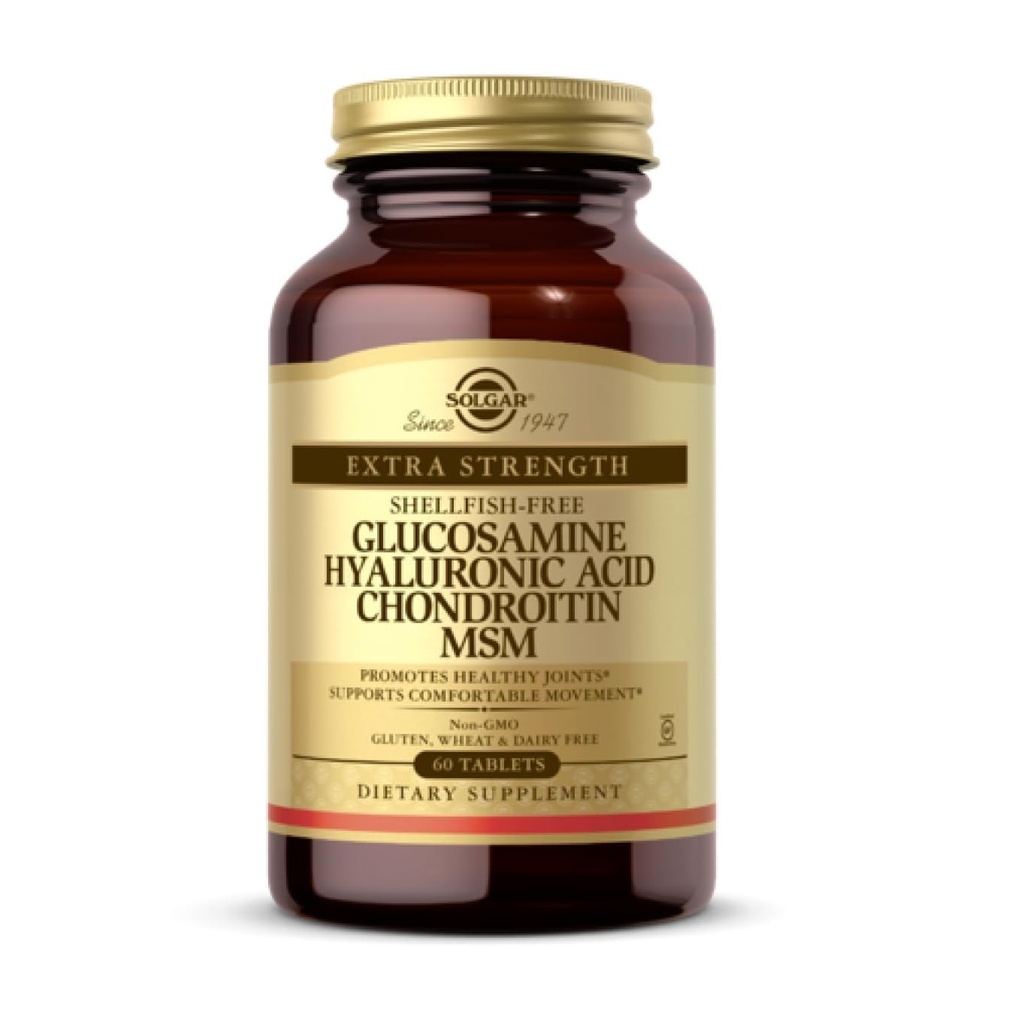 Solgar Glucosamin Hyaluronic Acid Chondroitin MSM (Shellfish-Free), 60 tabletter - Fælles Support & Comfort - Understøtter aktive livsstil - Non- GMO, Gluten Free, Dairy Free - 20 Servere
