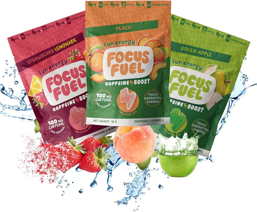 FocusFuel Energy Chews - Trial Size Variety Sample Pack (9 Servere) - 100mg Koffein + Alpha GPC + L- Theanine + B12, Magnesium - Peach, Green Apple, Strawberry Lemonade Flavors - Ingen Crash eller Jitters
