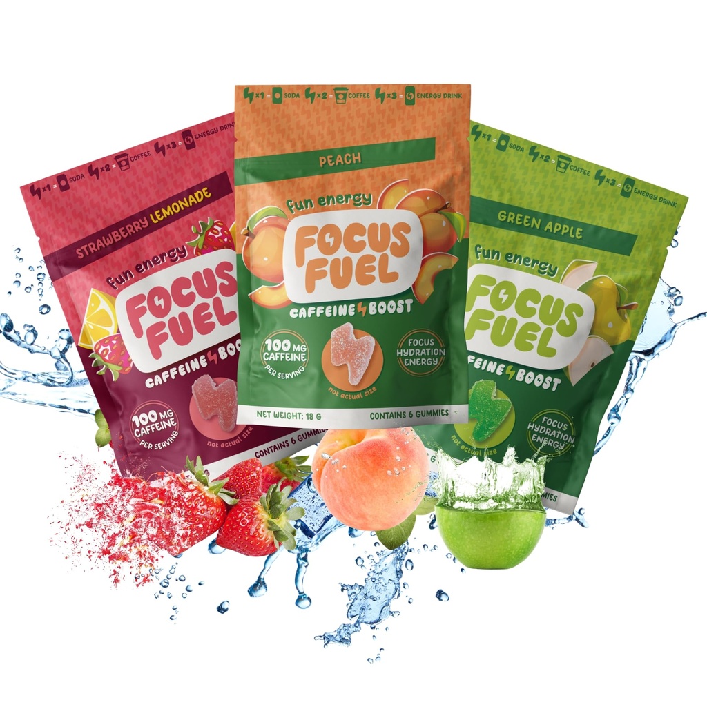 FocusFuel Energy Chews - Trial Size Variety Sample Pack (9 Servere) - 100mg Koffein + Alpha GPC + L- Theanine + B12, Magnesium - Peach, Green Apple, Strawberry Lemonade Flavors - Ingen Crash eller Jitters