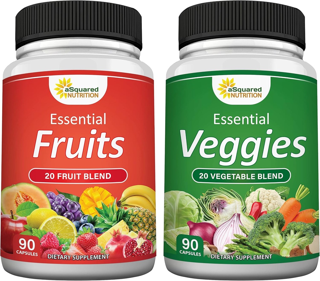 aSquared Nutrition Fruits and Veggies Supplement - 90 Veggie & 90 Fruit Capsules - Superfood Vegetabilske Grønne Vitamin Pills - Naturens Super Food Alternativ til Pulver & Gummies
