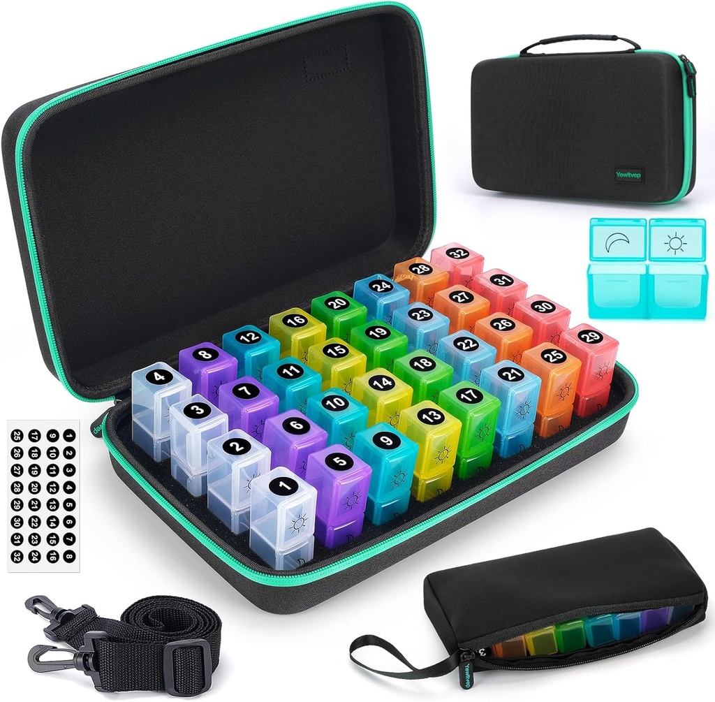 Månedlig Pill Organizer 2 gange om dagen, Måned Pill Box Organizer med 32 daglige kompartmenter, 30 dages Pill Holder med Hard Travel Case Pill sag Vitaminer sag + Portable 7-Day Travel Medicine Organizing Bag