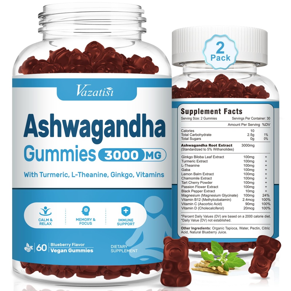 Ashwagandha Gummies for Women & Men, Ashwagandha Supplements for Calm Mood & Increased Energy, Non-GMO, Gluten-Free, Vegan 120ct