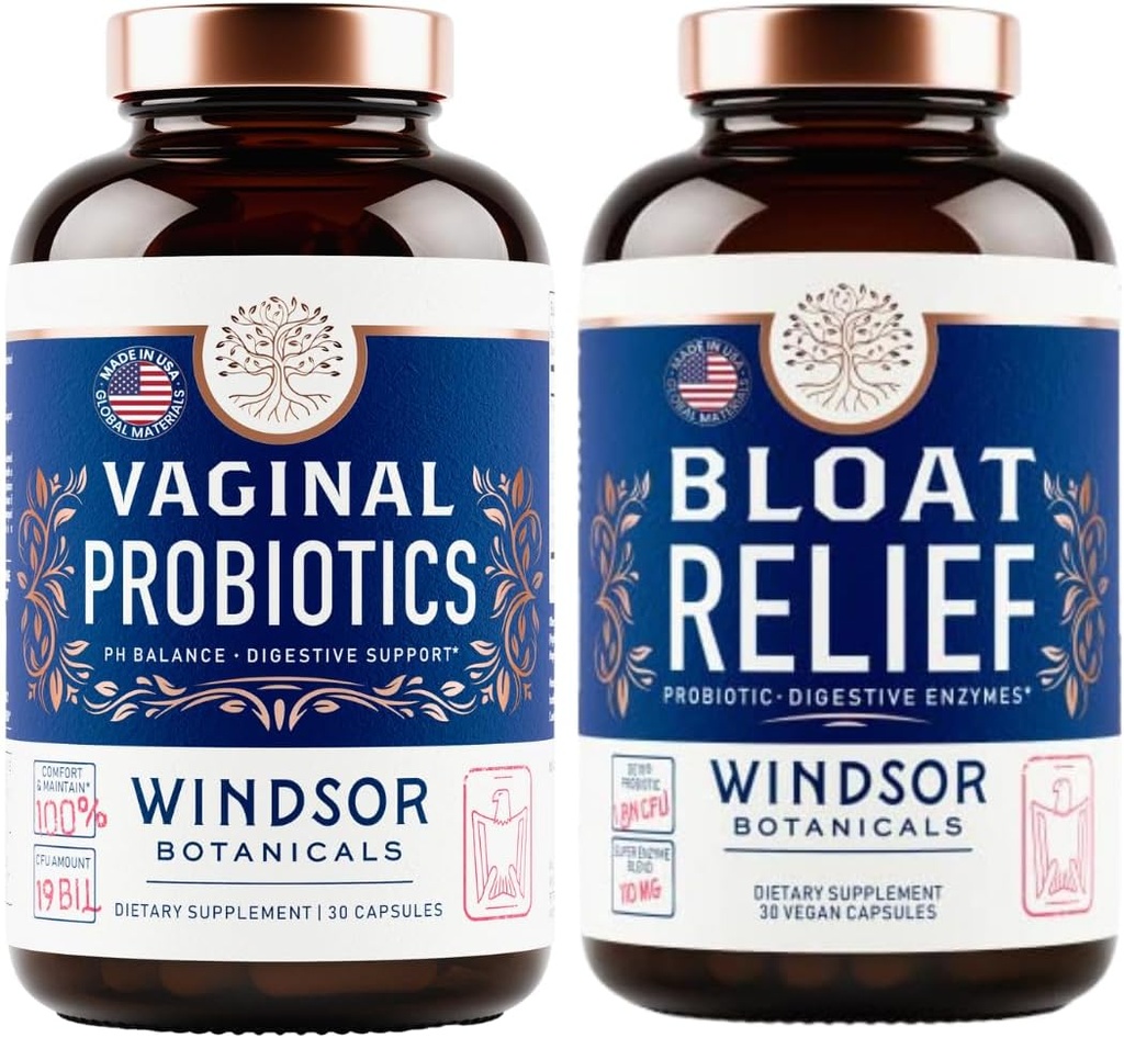 WINDSOR BOTANICALS Bloat Relief Probiotic med enzymer og vaginal probiotika - fordøjelsessygdomme og vaginal sundhed bundle