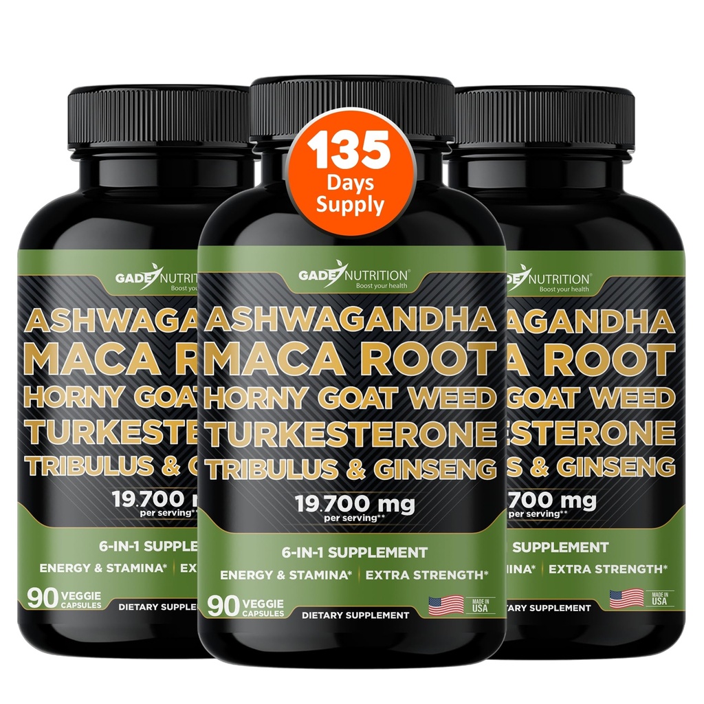 Gade Nutrition Ashwagandha with Maca Root, Horny Goat Weed, Turkesterone Supplement, Tribulus Terrestris, Panax Ginseng | Made in USA | Pack of 3